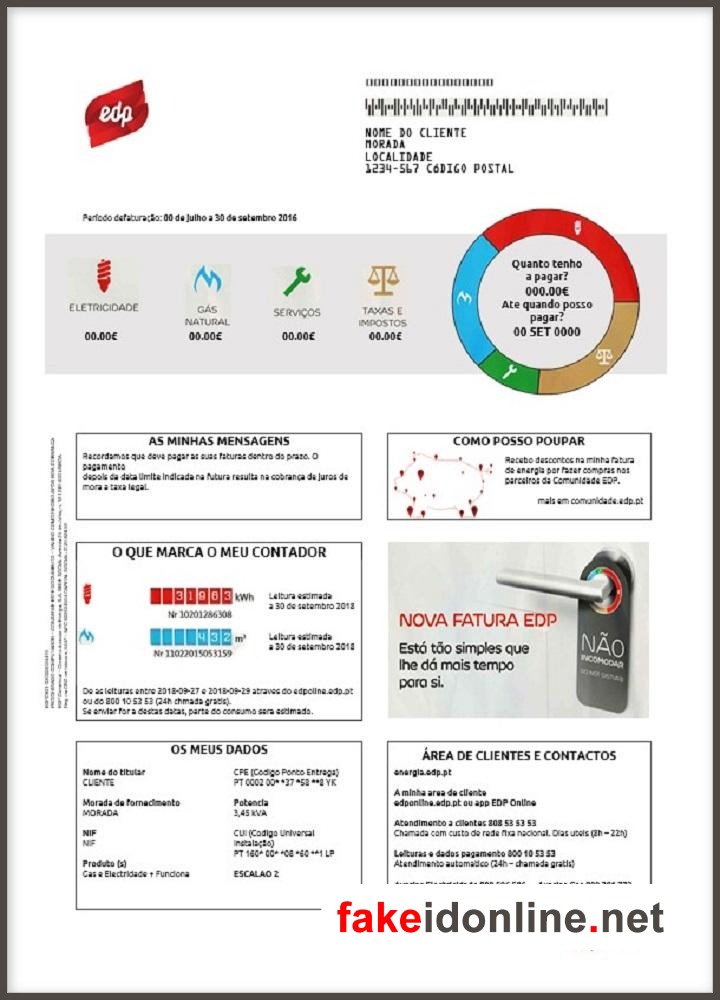 Portugal Utility Bill PSD Template 1 - Portugal Proof of Address